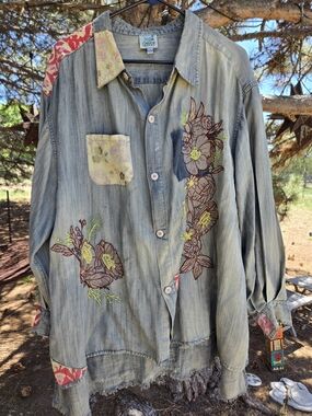 Denim Floral Embroidered Button-Down Shirt - Light Blue